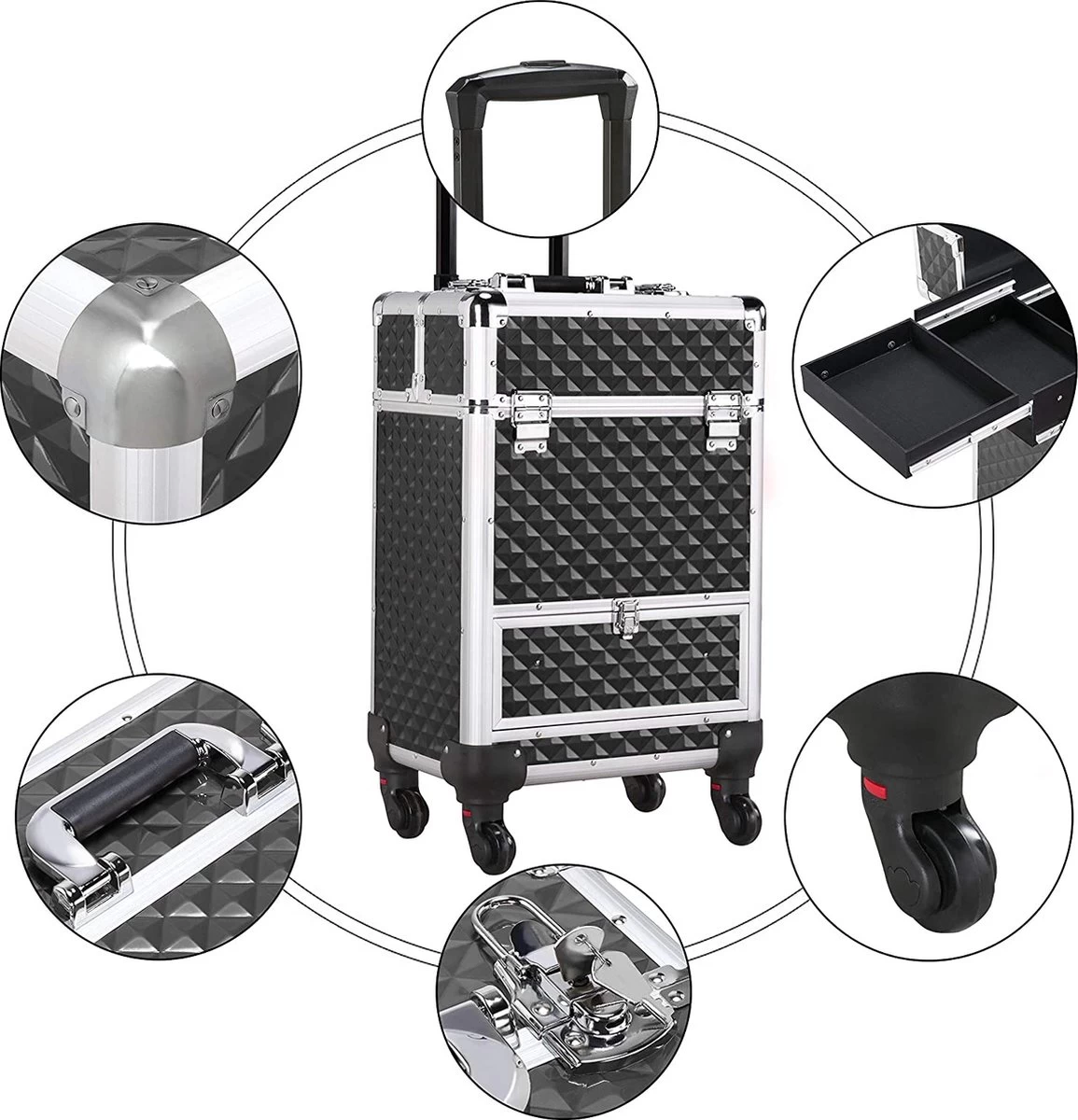 Monkey's Aluminium Kapperskoffer - Zwart - Beauty Case - Cosmeticakoffer - Make-upkoffer - Trolley - 360 Graden Wielen - 34 X 24 X 55.5 Cm 6 Monkey's Aluminium Kapperskoffer - Zwart - Beauty Case - Cosmeticakoffer - Make-upkoffer - Trolley - 360 Graden Wielen - 34 X 24 X 55.5 Cm - Afbeelding 4