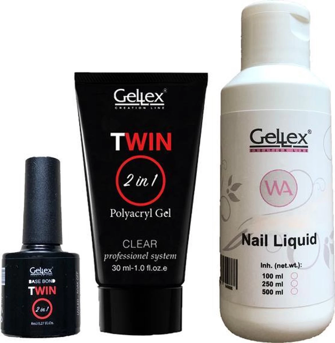 Twin Polyacryl Basic Kit, Twin Polygel Starter Set, Twin Polygel Starterspakket (Twin Polygel Clear 30ml, Base Bond 10ml, Twin Liquid) 3 Twin Polyacryl Basic Kit, Twin Polygel Starter Set, Twin Polygel Starterspakket (Twin Polygel Clear 30ml, Base Bond 10ml, Twin Liquid)