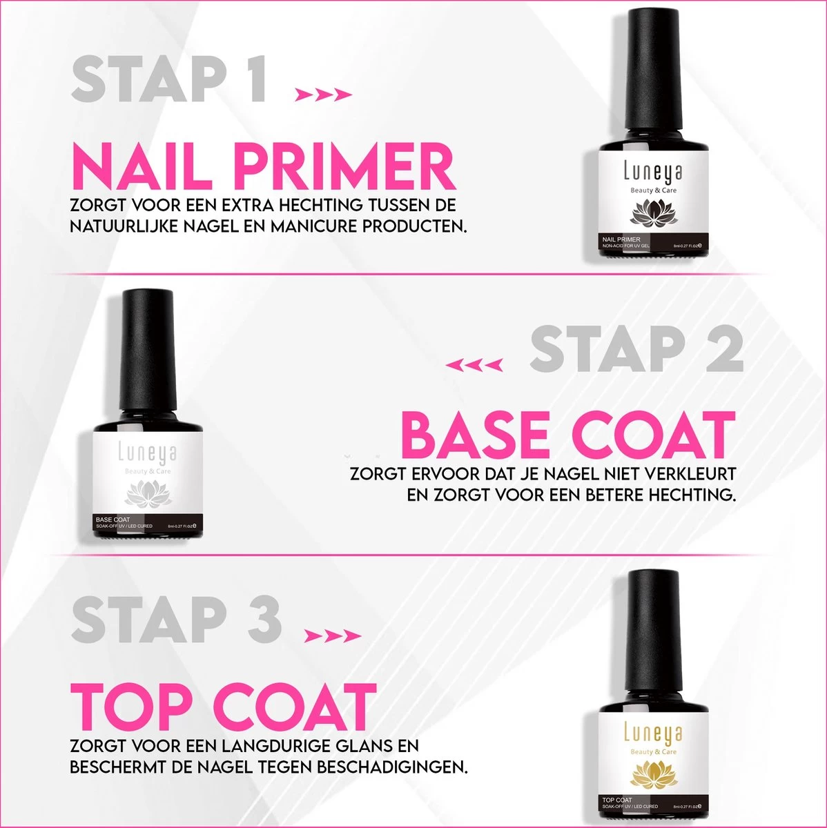 Luneya Gellak - Starterspakket - Primer - Base Coat - Top Coat - LED Lamp Gel Nagellak 4 Luneya Gellak - Starterspakket - Primer - Base Coat - Top Coat - LED Lamp Gel Nagellak - Afbeelding 2