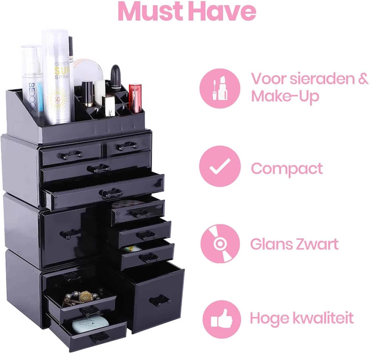 Confibel XXL Acryl Make-up Cosmetica Organizer - Verstelbare Lades - Sieraden/Make-up/Cosmetica Organizer - 11 Compartimenten - Zwart 15 Confibel XXL Acryl Make-up Cosmetica Organizer - Verstelbare Lades - Sieraden/Make-up/Cosmetica Organizer - 11 Compartimenten - Zwart - Afbeelding 13