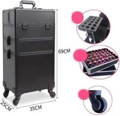 Beautycase / Beautykoffer / Trolley Voor Opbergen Van Uw Persoonlijke Verzorgingsproducten In 3 In 1 Van Aluminium - Bekleed Zwart Fluweel - 8wielen - Kapper - Tattoo - Nagel - Visagie - Make-up - Cosmetica - Schmink - Beauty Case / Beauty Koffer