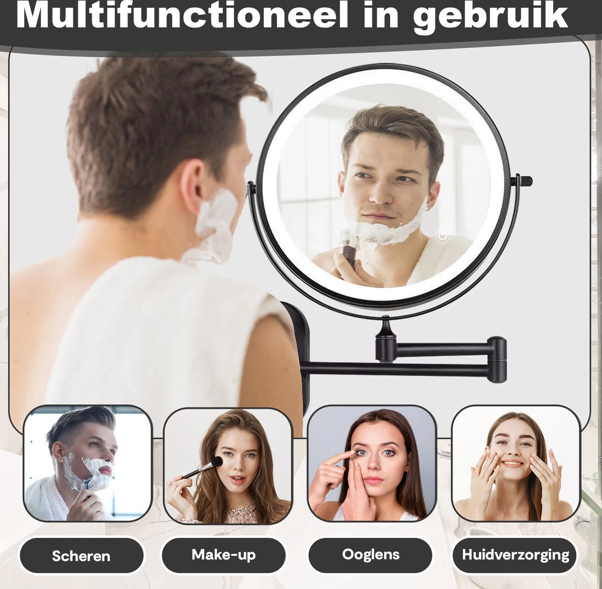 Make Up - Spiegel - Led Verlichting - 10X Vergroting - 3 Lichtstanden - Wandspiegel Rond - Badkamer - Mat Zwart - Draadloos 5 Make Up - Spiegel - Led Verlichting - 10X Vergroting - 3 Lichtstanden - Wandspiegel Rond - Badkamer - Mat Zwart - Draadloos - Afbeelding 3