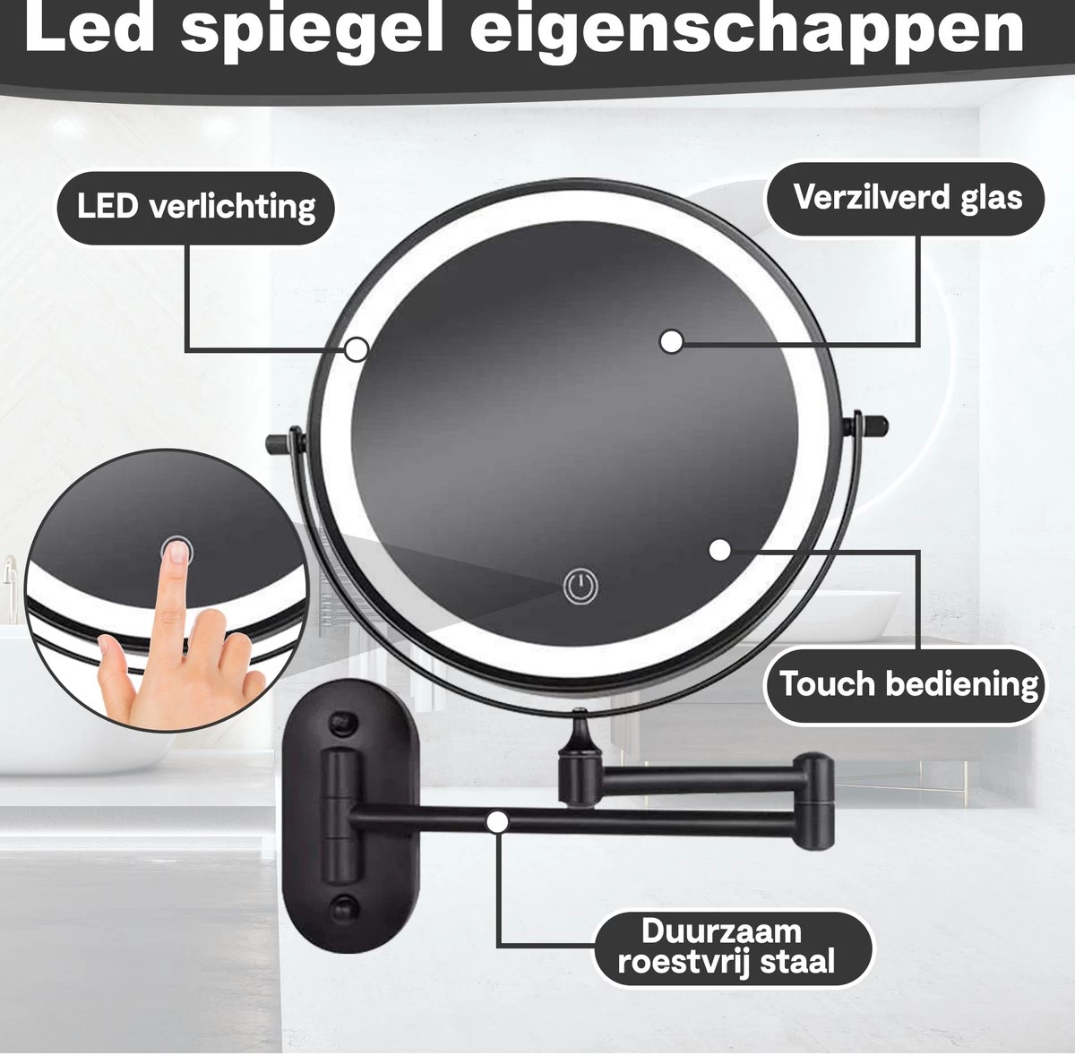 Make Up - Spiegel - Led Verlichting - 10X Vergroting - 3 Lichtstanden - Wandspiegel Rond - Badkamer - Mat Zwart - Draadloos 7 Make Up - Spiegel - Led Verlichting - 10X Vergroting - 3 Lichtstanden - Wandspiegel Rond - Badkamer - Mat Zwart - Draadloos - Afbeelding 5