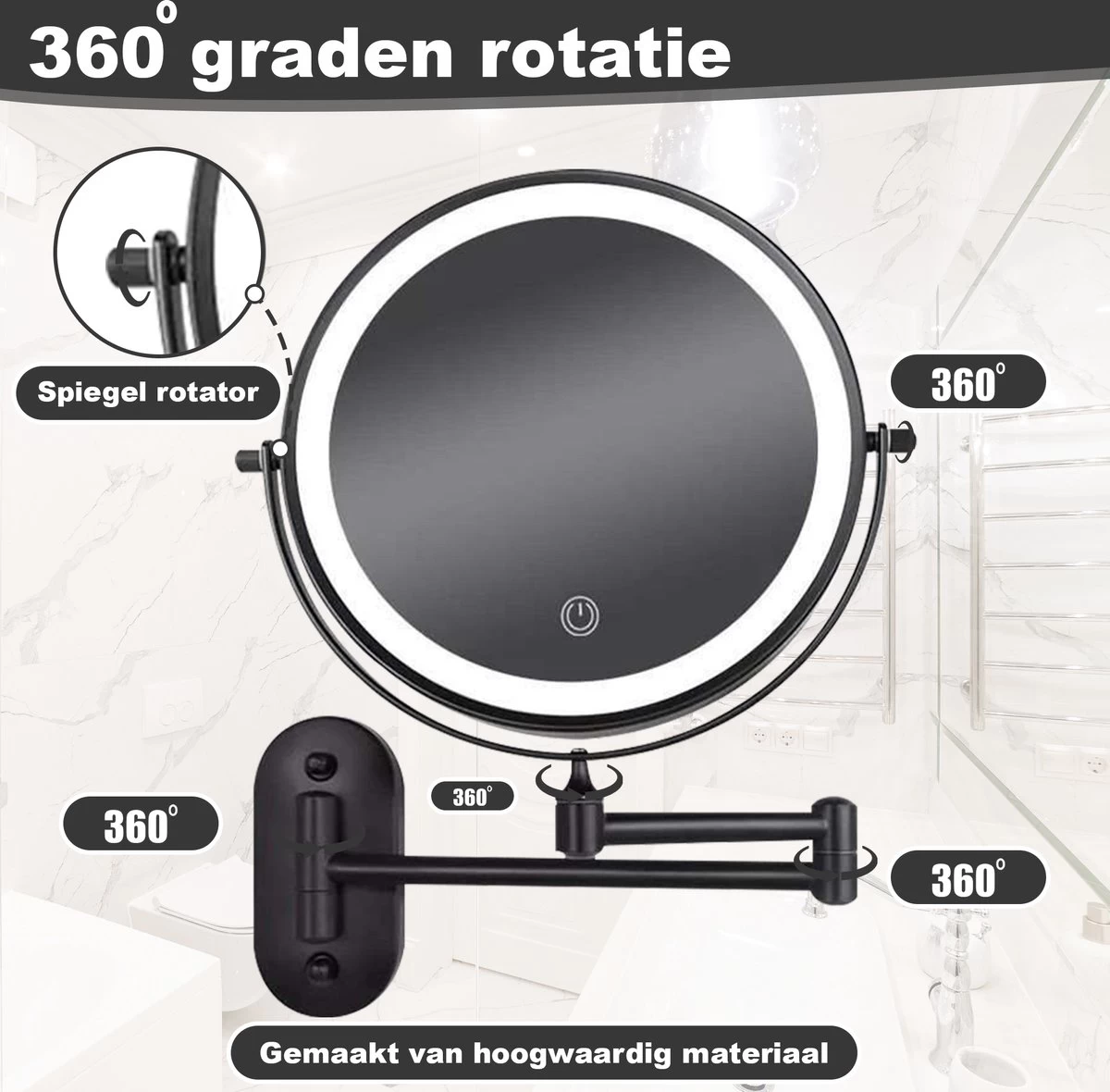 Make Up - Spiegel - Led Verlichting - 10X Vergroting - 3 Lichtstanden - Wandspiegel Rond - Badkamer - Mat Zwart - Draadloos 8 Make Up - Spiegel - Led Verlichting - 10X Vergroting - 3 Lichtstanden - Wandspiegel Rond - Badkamer - Mat Zwart - Draadloos - Afbeelding 6