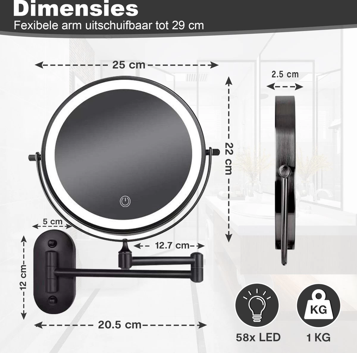 Make Up - Spiegel - Led Verlichting - 10X Vergroting - 3 Lichtstanden - Wandspiegel Rond - Badkamer - Mat Zwart - Draadloos 10 Make Up - Spiegel - Led Verlichting - 10X Vergroting - 3 Lichtstanden - Wandspiegel Rond - Badkamer - Mat Zwart - Draadloos - Afbeelding 8