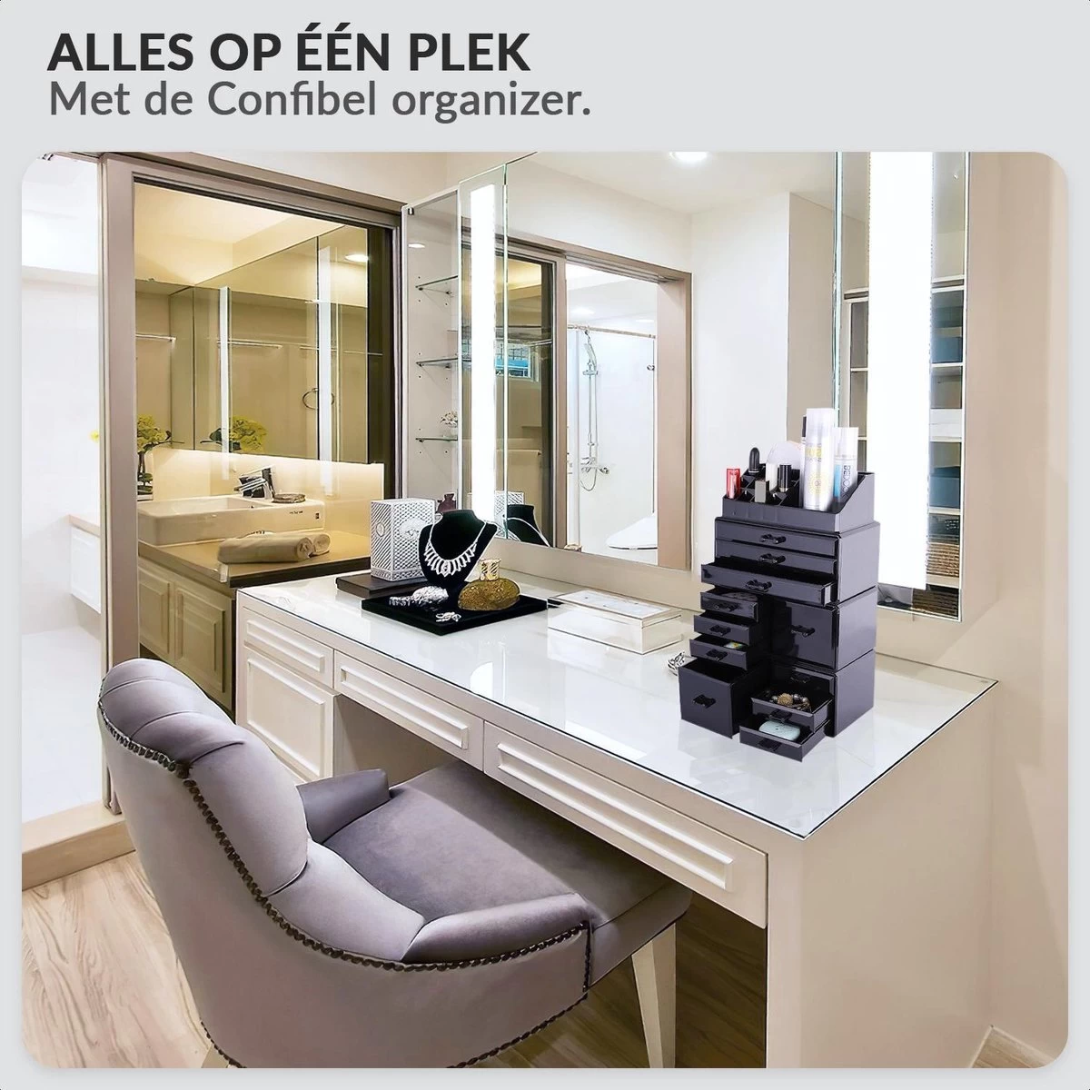 Confibel XXL Acryl Make-up Cosmetica Organizer - Verstelbare Lades - Sieraden/Make-up/Cosmetica Organizer - 11 Compartimenten - Zwart 6 Confibel XXL Acryl Make-up Cosmetica Organizer - Verstelbare Lades - Sieraden/Make-up/Cosmetica Organizer - 11 Compartimenten - Zwart - Afbeelding 4