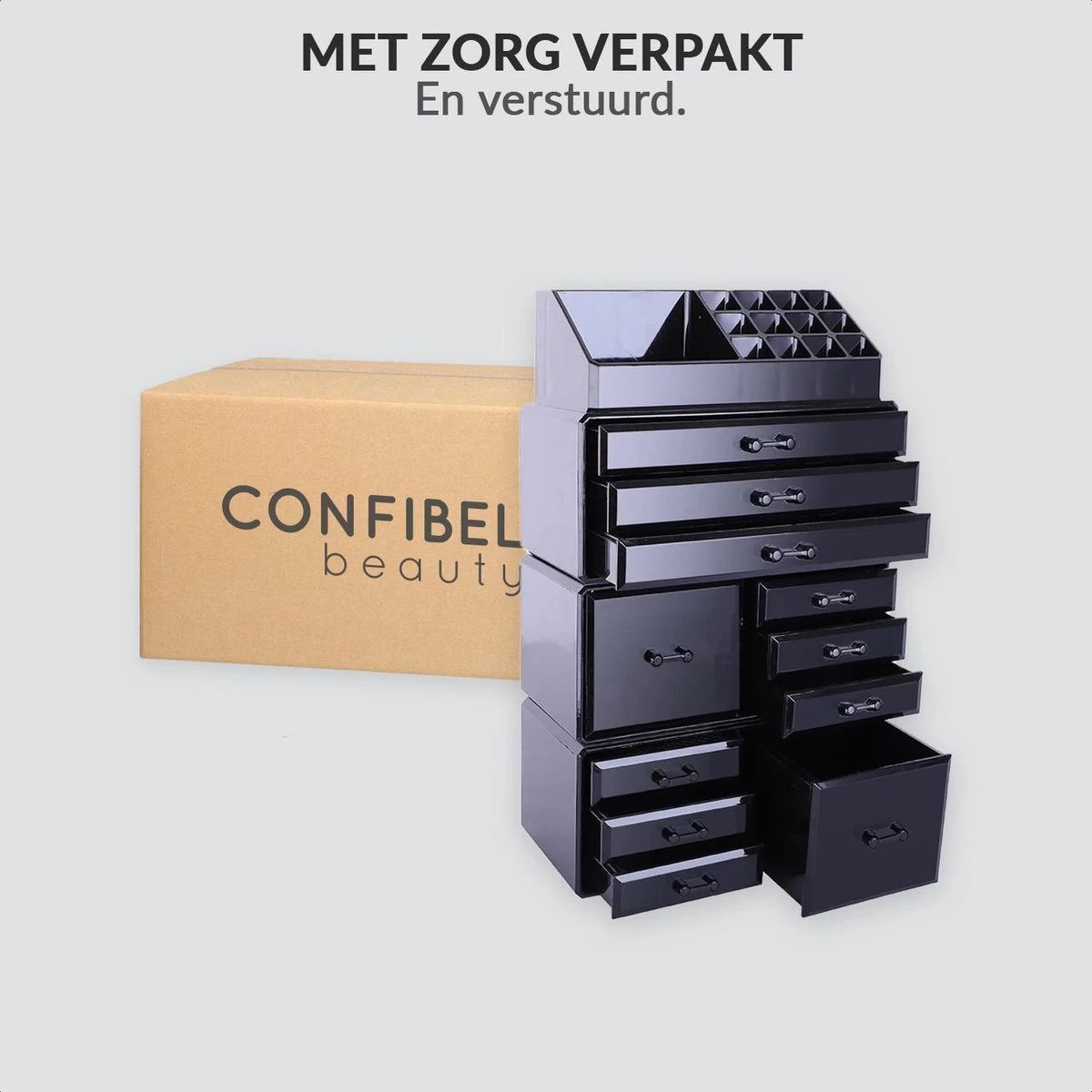 Confibel XXL Acryl Make-up Cosmetica Organizer - Verstelbare Lades - Sieraden/Make-up/Cosmetica Organizer - 11 Compartimenten - Zwart 12 Confibel XXL Acryl Make-up Cosmetica Organizer - Verstelbare Lades - Sieraden/Make-up/Cosmetica Organizer - 11 Compartimenten - Zwart - Afbeelding 10