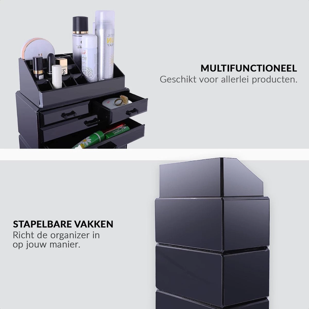 Confibel XXL Acryl Make-up Cosmetica Organizer - Verstelbare Lades - Sieraden/Make-up/Cosmetica Organizer - 11 Compartimenten - Zwart 13 Confibel XXL Acryl Make-up Cosmetica Organizer - Verstelbare Lades - Sieraden/Make-up/Cosmetica Organizer - 11 Compartimenten - Zwart - Afbeelding 11