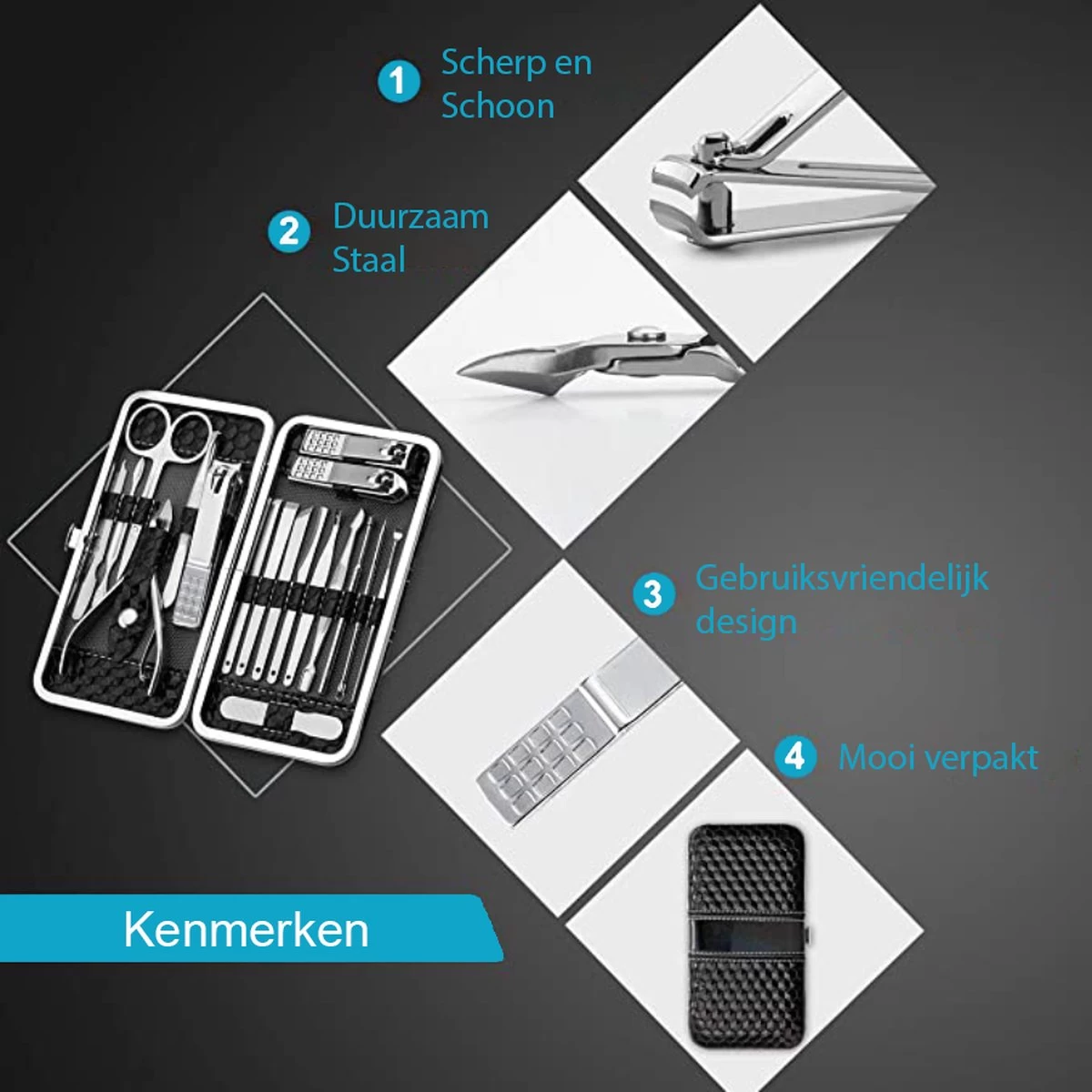 Nagelknipper Set – 18-Delige Pedicure En Manicure Sets Nagelaccessoires – Nagelset – Nagelverzorging Kit – Reisset Zwart 6 Nagelknipper Set – 18-Delige Pedicure En Manicure Sets Nagelaccessoires – Nagelset – Nagelverzorging Kit – Reisset Zwart - Afbeelding 4