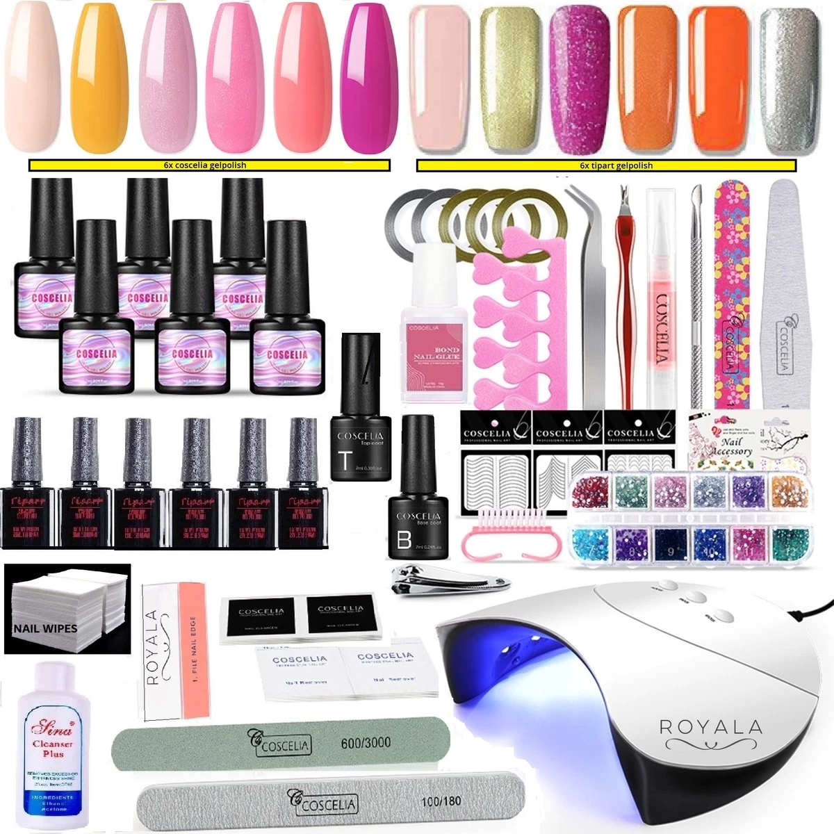 Royala E6 Gellak Starters Pakket Inclusief UV LED Lamp + Met 12 Verschillende Gellak Kleuren - Gellak Lamp – Gellac Set - Alle Benodigdheden In Eén - 300 Nail Wipes - Cleanser - Topcoat - Uitgebreid Pakket- Gel Polish Set - Gellak Set - UV LED Lamp 3 Royala E6 Gellak Starters Pakket Inclusief UV LED Lamp + Met 12 Verschillende Gellak Kleuren - Gellak Lamp – Gellac Set - Alle Benodigdheden In Eén - 300 Nail Wipes - Cleanser - Topcoat - Uitgebreid Pakket- Gel Polish Set - Gellak Set - UV LED Lamp