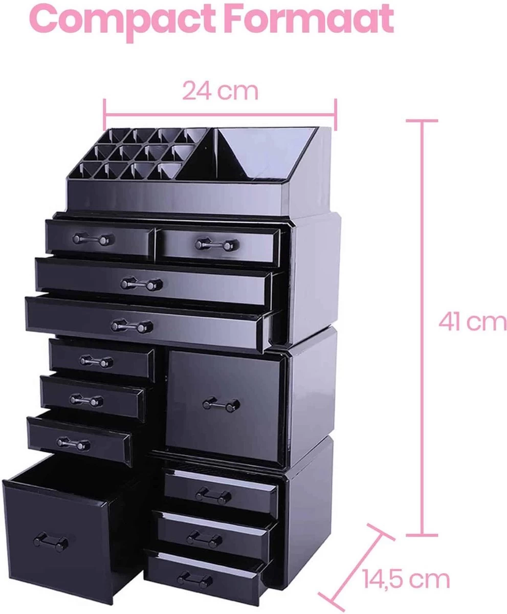 Confibel XXL Acryl Make-up Cosmetica Organizer - Verstelbare Lades - Sieraden/Make-up/Cosmetica Organizer - 11 Compartimenten - Zwart 17 Confibel XXL Acryl Make-up Cosmetica Organizer - Verstelbare Lades - Sieraden/Make-up/Cosmetica Organizer - 11 Compartimenten - Zwart - Afbeelding 15